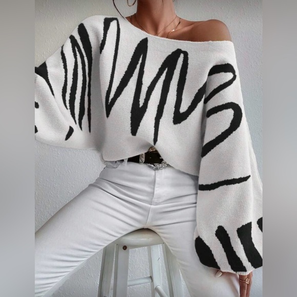 Cozy Print Balloon Sleeve Sweater Top - Picture 1 of 9